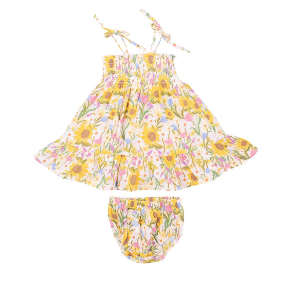 Tie Strap Smocked Sun Dresss Diaper Cover - Sunflower Dream Floral