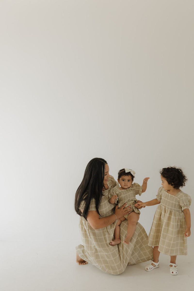 Ruffle Muslin Romper | Linen Grid