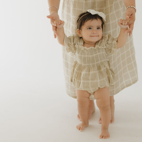 Ruffle Muslin Romper | Linen Grid