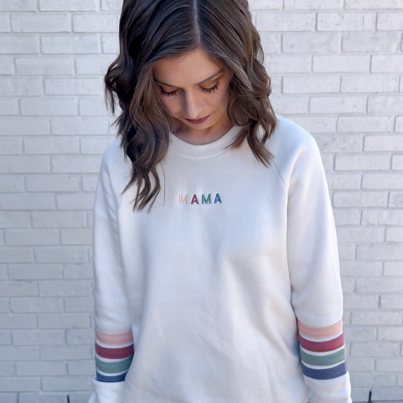 TEAM MAMA - Embroidered Varsity Stripe Crewneck