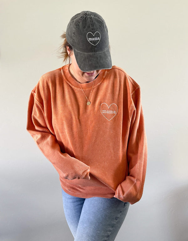Embroidered Corded Sweatshirt - Pumpkin Spice - Mama (Heart Around)