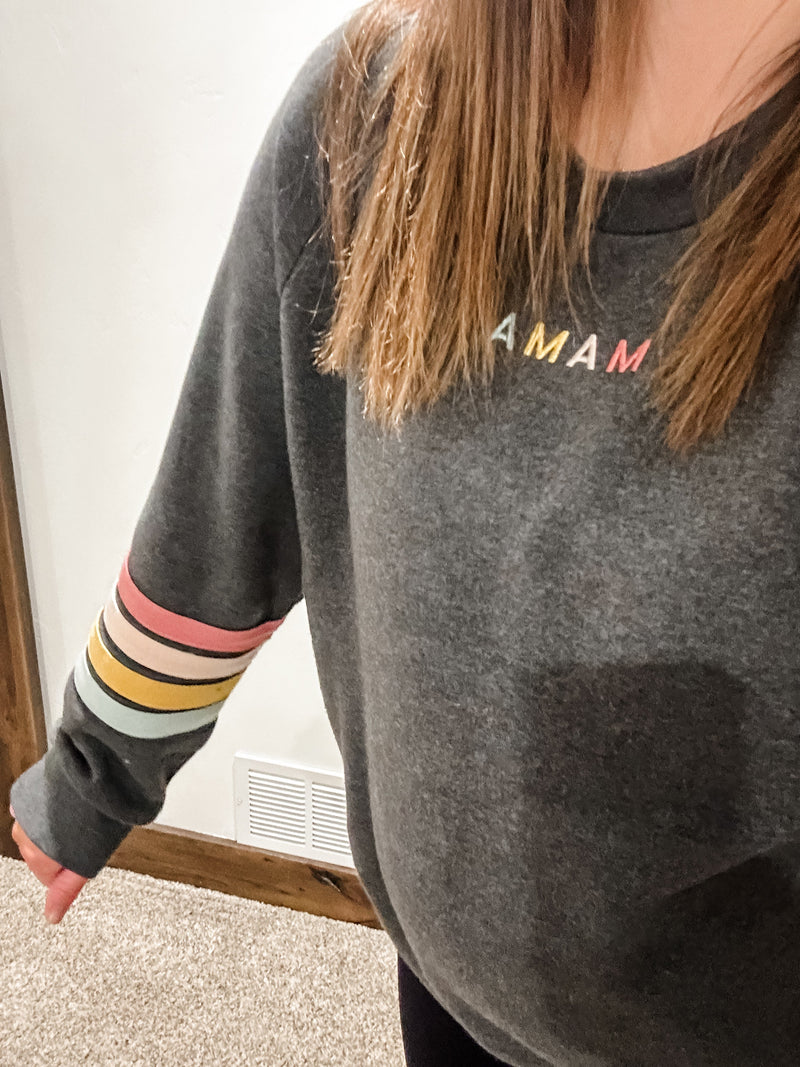 TEAM MAMA - Embroidered Varsity Stripe Crewneck