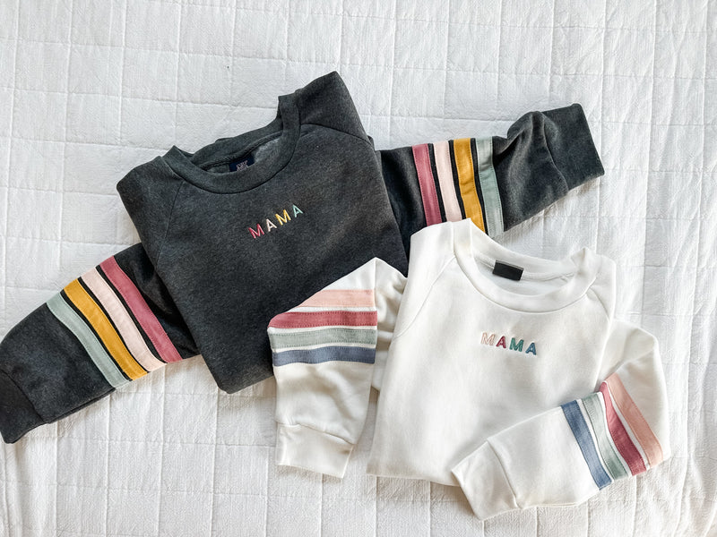 TEAM MAMA - Embroidered Varsity Stripe Crewneck