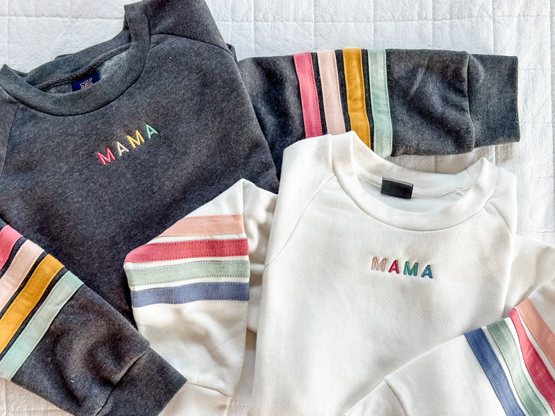 TEAM MAMA - Embroidered Varsity Stripe Crewneck