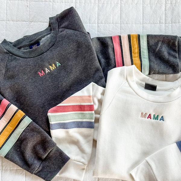 TEAM MAMA - Embroidered Varsity Stripe Crewneck