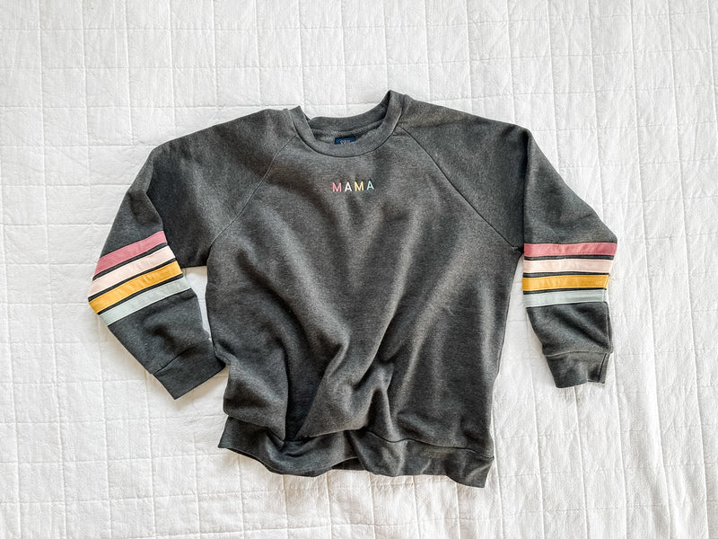TEAM MAMA - Embroidered Varsity Stripe Crewneck