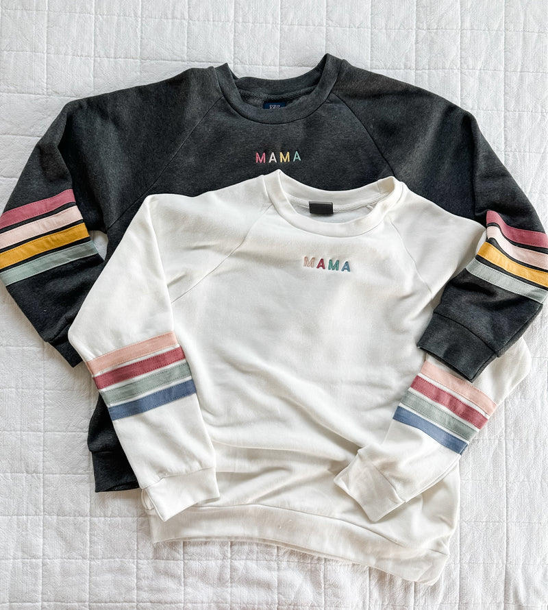 TEAM MAMA - Embroidered Varsity Stripe Crewneck