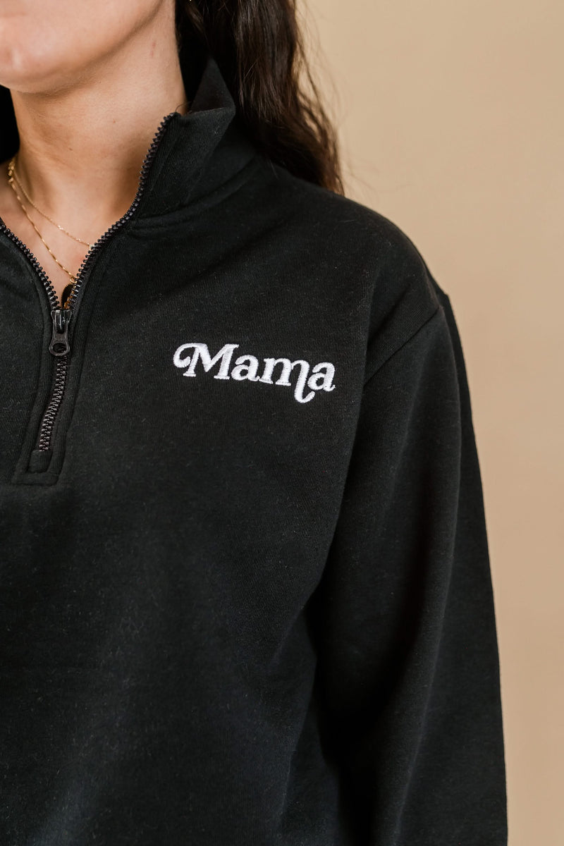 Embroidered Quarter Zip Fleece - Black w/ White Thread - Mama (Italic)