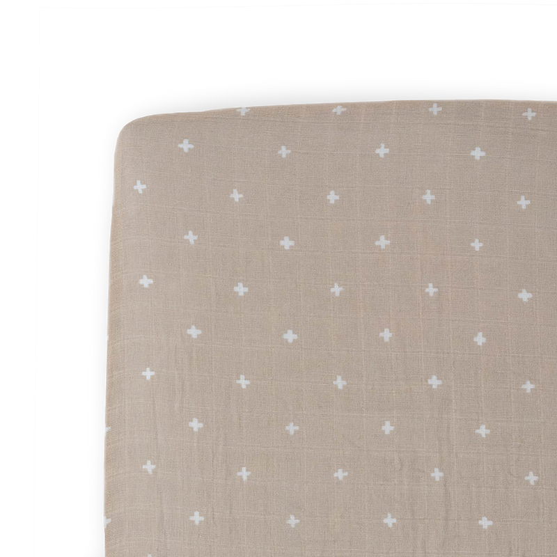 Cotton Muslin Crib Sheet - Taupe Cross