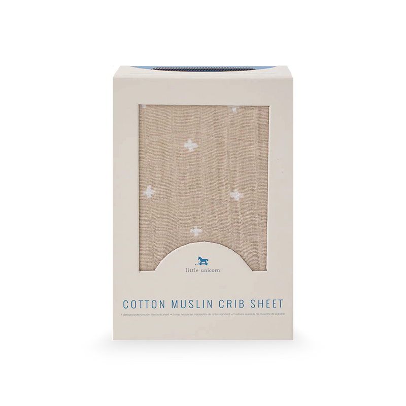 Cotton Muslin Crib Sheet - Taupe Cross