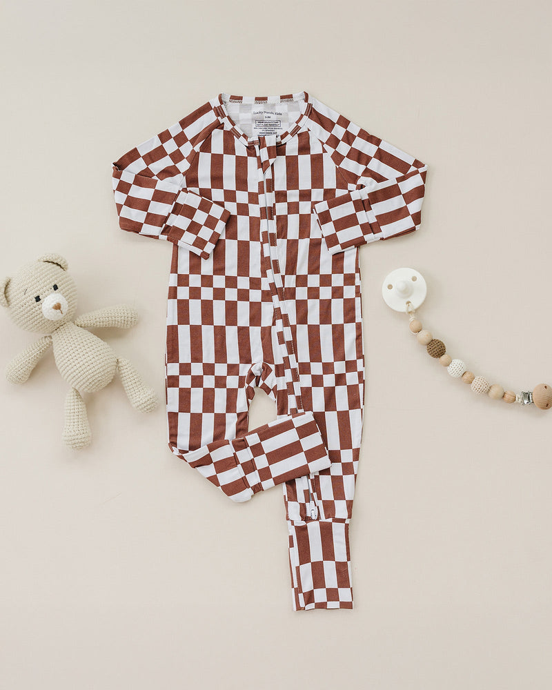 Bamboo Zip Romper | Chocolate Checkered