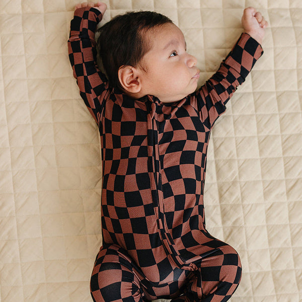 Bamboo Zip Romper | Chocolate Wavy Checkered
