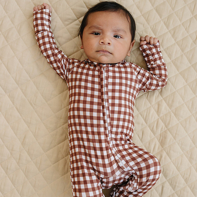 Bamboo Zip Romper | Chocolate Gingham