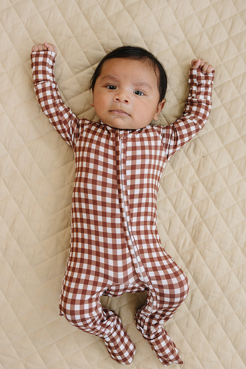 Bamboo Zip Romper | Chocolate Gingham