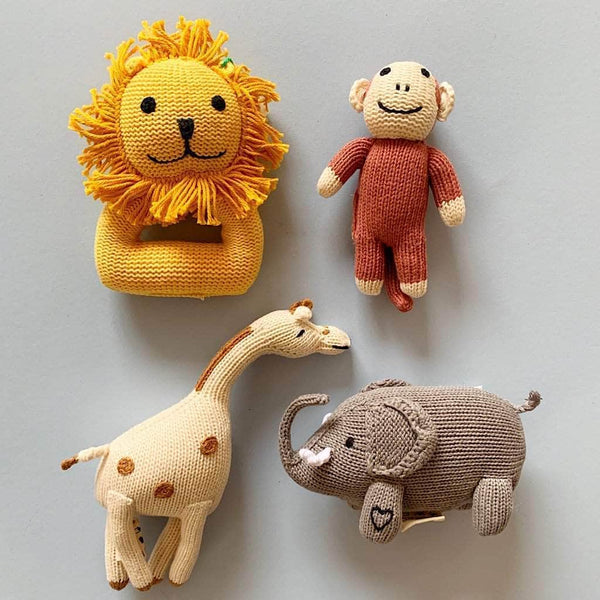 Organic Baby Gift Set | Lion, Elephant, Giraffe & Monkey Rattles