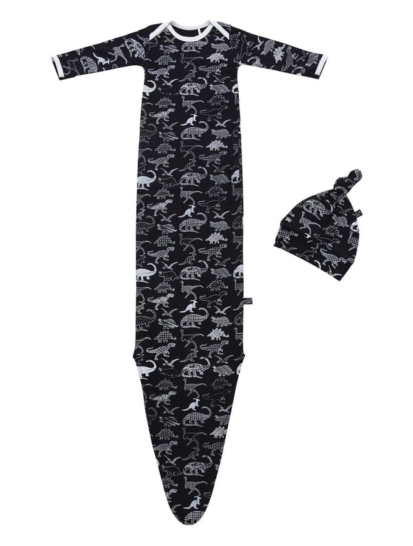 Midnight Dino Bamboo Knotted Newborn Gown + Hat Set