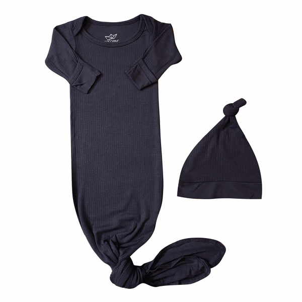 Midnight Rib Knit Bamboo Knotted Newborn Gown + Hat Set
