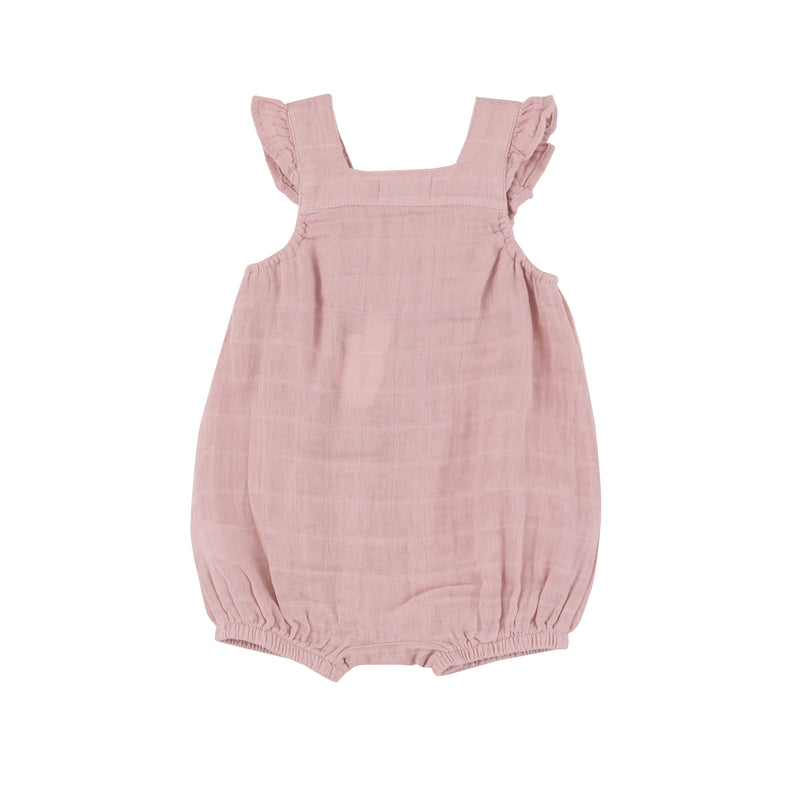 Smocked Front Overall Shortie - Dusty Pink Solid Muslin