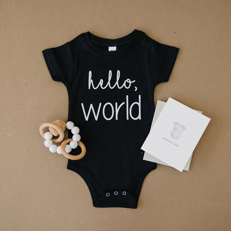 Hello World Organic Baby Onesie®, Moonstone Teether, & Bebe Greeting Card