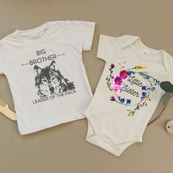 Big Brother Wolf & Little Sister Floral Organic Baby Set