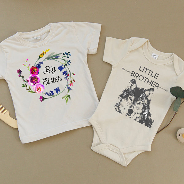Big Sister Floral & Little Brother Wolf Organic Baby Set