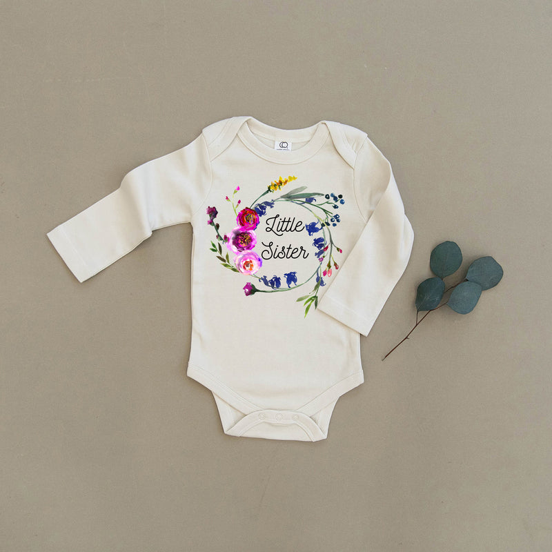 Little Sister Floral Wreath Organic Baby Onesie®