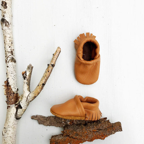 Leather Baby Toddler Fringe Moccasins Camel